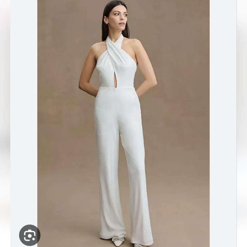 Halston Danielle White Sequin Wide Leg Sleeveless Jumpsuit Size 14